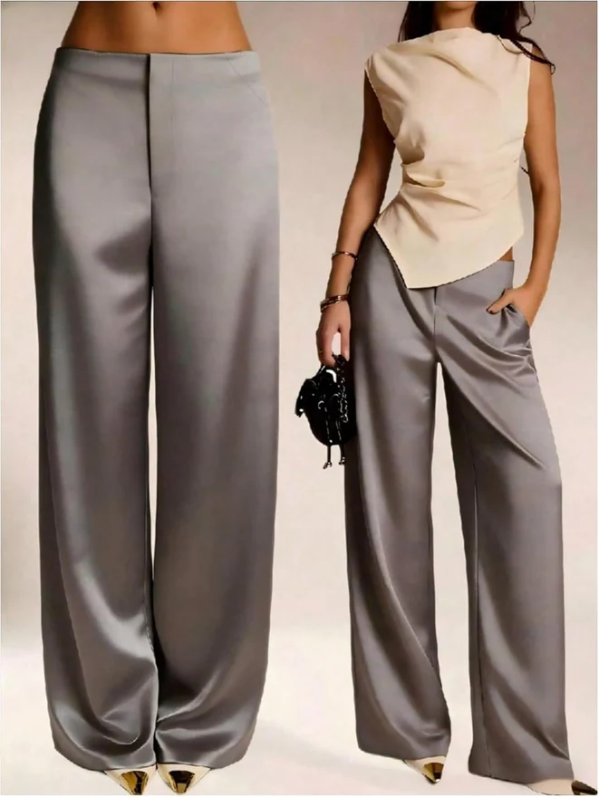 Satin Pants Elegant Straight Leg Business Casual Slacks Cocktail by OYOANGLE