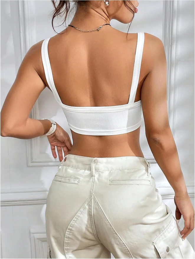 Y2K Ribbed Knit Cropped Cami Top White by OYOANGLE, photograph 3 of 4