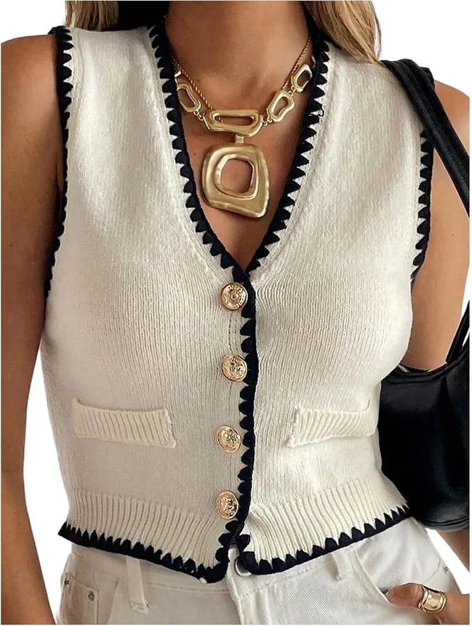 Button Up Sweater Vest Contrast Binding V Neck Summer Dressy by OYOANGLE