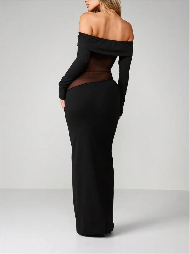 Off The Shoulder Mesh Maxi Dress Sexy Sheer Long Dresses by OYOANGLE