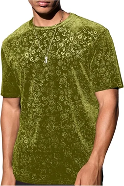 Velvet Crew Neck T Shirt Floral Sparkle Short Sleeve Shirt in Green
