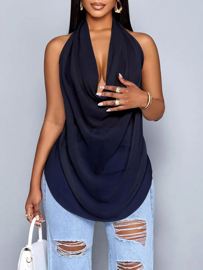 Cowl Neck Halter Tops for Women Backless See Through Draped Top by OYOANGLE, photograph 4 of 4