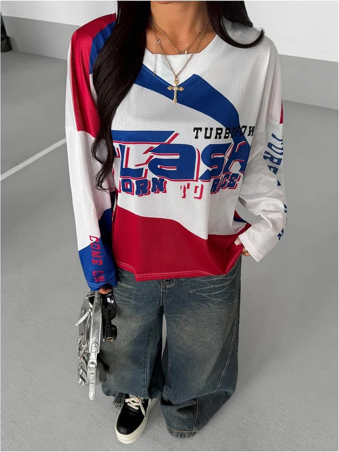 Color Block Letter Graphic Y2K Jersey Shirts Oversized Long by OYOANGLE, photograph 4 of 4