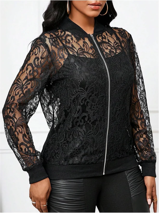 Lace Sheer Long Sleeve Bomber Jackets by OYOANGLE, photograph 2 of 4