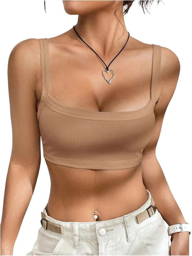 Y2K Ribbed Knit Cropped Cami Top Khaki by OYOANGLE