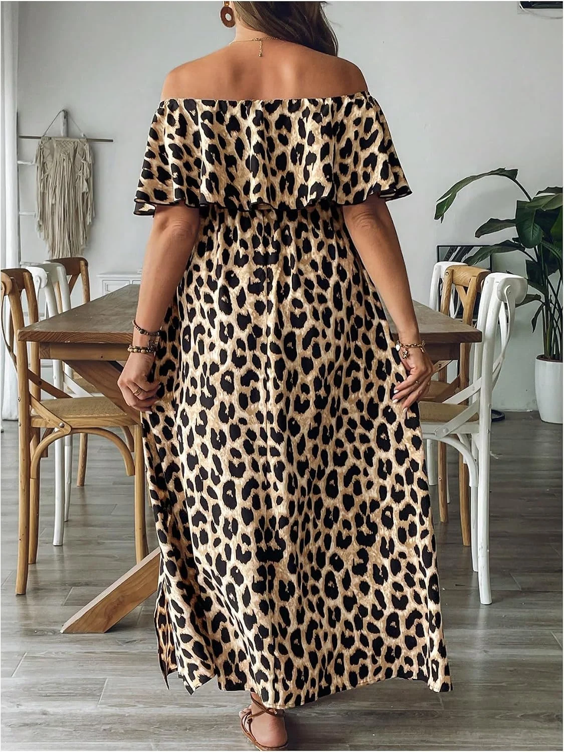 Plus Size Leopard Print Off the Shoulder Maxi Dress Short Sleeve by OYOANGLE, photograph 1 of 3