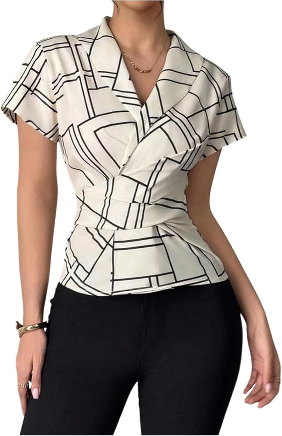 Lapel Neck Blouse Wrap Belted Slim Fitted Casual Shirt by OYOANGLE, photograph 1 of 4
