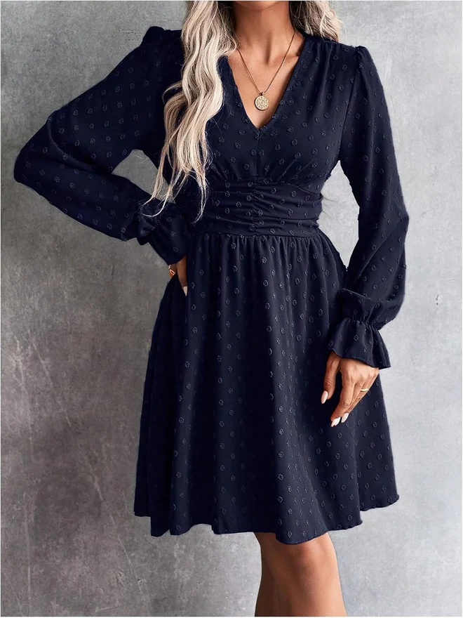 Long Sleeve Swiss Dots Ruffle Short Dresses Dark Blue by OYOANGLE, photograph 2 of 4