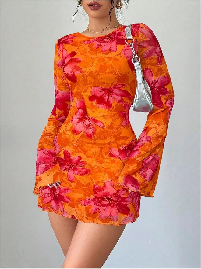 Mini Dress Tropical Floral Print Long Sleeve Short Dress Y2K by OYOANGLE, photograph 2 of 3