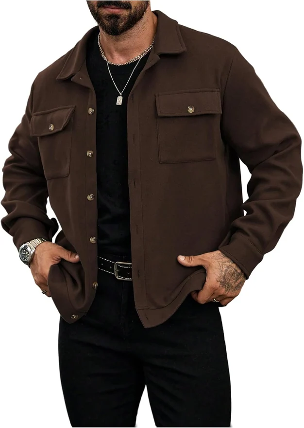 Long Sleeve Button Up Jacket Collared Neck Fall Shacket Coats by OYOANGLE