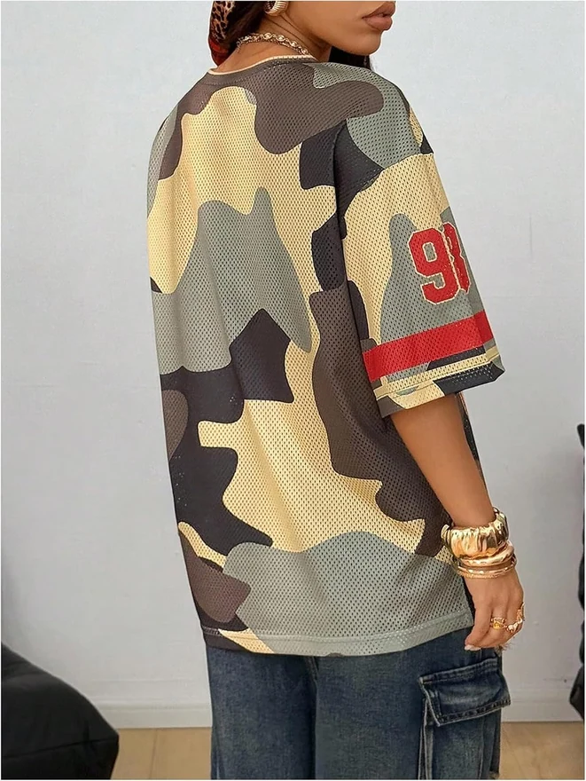 Oversized Jersey Y2K Number Print Graphic Mesh Shirts by OYOANGLE, photograph 2 of 4