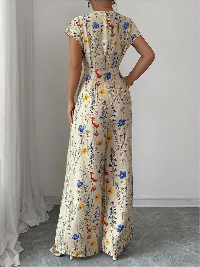 Summer Floral Cinched Waist Jumpsuits Cap Sleeve Rompers by OYOANGLE