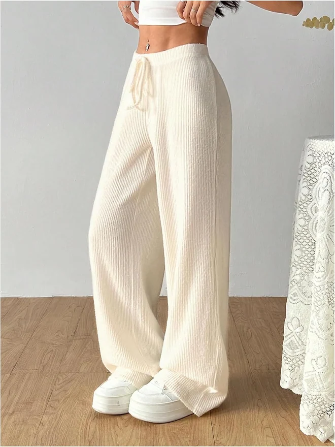 Rib High Waisted Trousers Drawstring Waist Wide Leg Pants by OYOANGLE, photograph 3 of 3