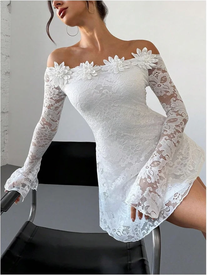 3D Floral Mesh Off the Shoulder Long Bell Sleeve Short Dress by OYOANGLE, photograph 2 of 3