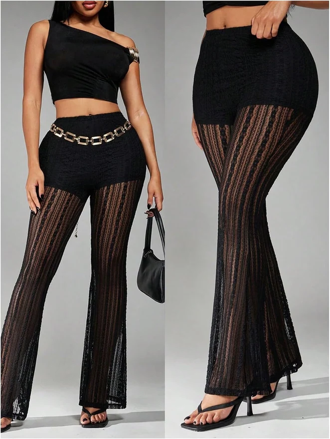Floral Lace Sheer Mesh Flare Pants High Waist Long Trousers by OYOANGLE, photograph 3 of 3