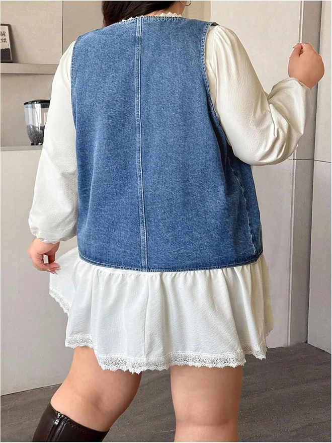 Plus Size Sleeveless Button Down Jean Jacket V Neck Denim Vest by OYOANGLE, photograph 2 of 3