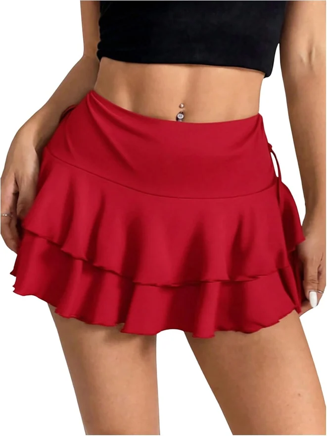 Low Rise Mini Skirt Y2K Layered Ruffle Drawstring Skorts by OYOANGLE