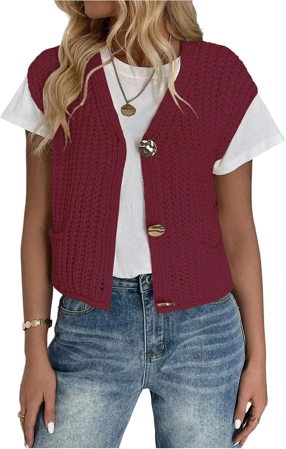 Button Up Chunky Sweater Vest Sleeveless V Neck Knitwear by OYOANGLE