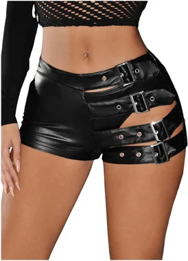 Leather Mini Shorts Y2k Low Rise Booty Micro Rave Shorts in Black