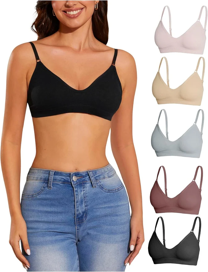 5 Pieces V Neck Wireless Bra Multicolor by OYOANGLE