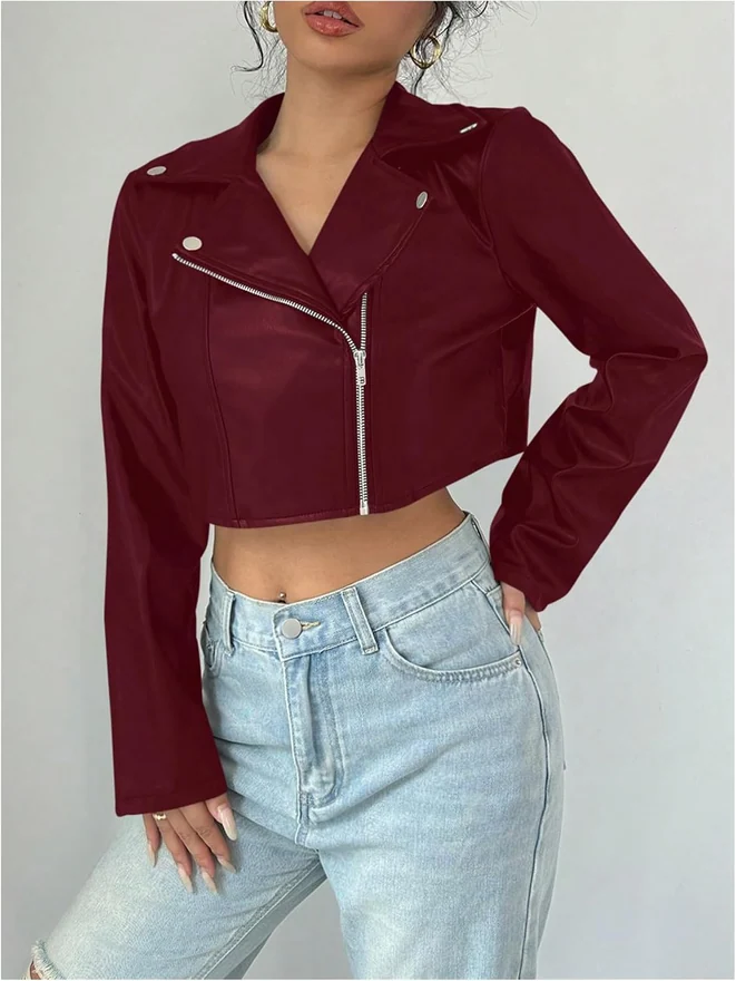 PU Leather Cropped Jacket Zip Up Motorcycle Jackets Coat by OYOANGLE, photograph 2 of 4