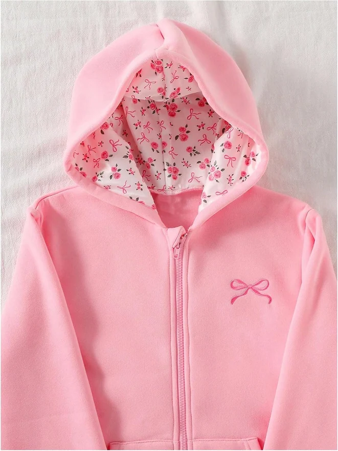 Girl's Floral Bow Print Hoodies Zip Up Long Sleeve Sweatshirt by OYOANGLE, photograph 3 of 4