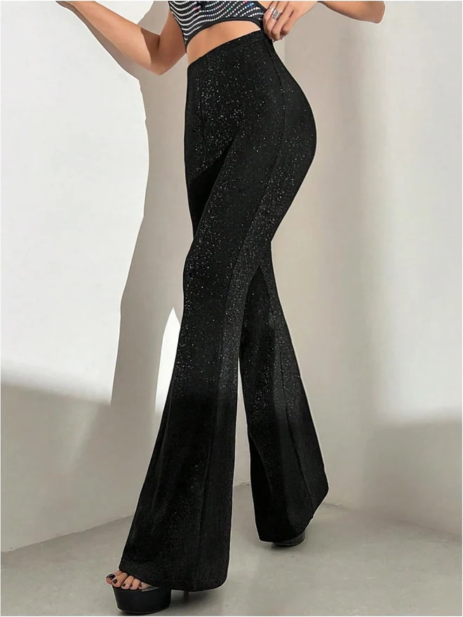 Glitter Flare Pants High Waisted Bell Bottom Sparkly Pants by OYOANGLE