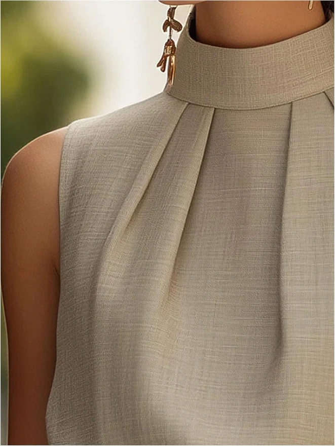 Mock Neck Sleeveless Pleated Blouse Dressy Work Top Khaki by OYOANGLE, photograph 4 of 4