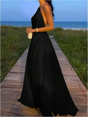 Sleeveless Chain Halter Backless Elegant Flared Maxi Dress in Black