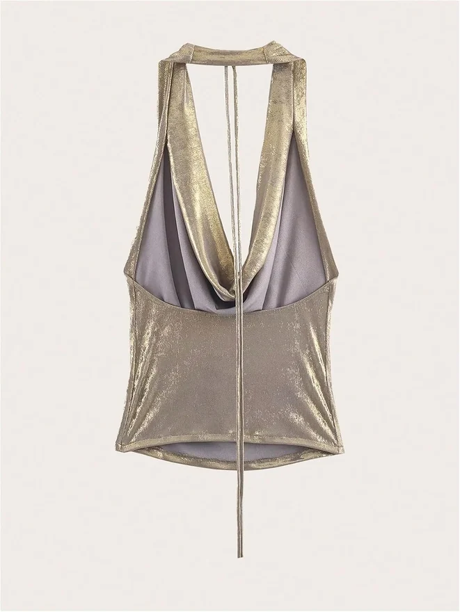 Metallic Cowl Neck Low Cut Backless Halter Tops by OYOANGLE