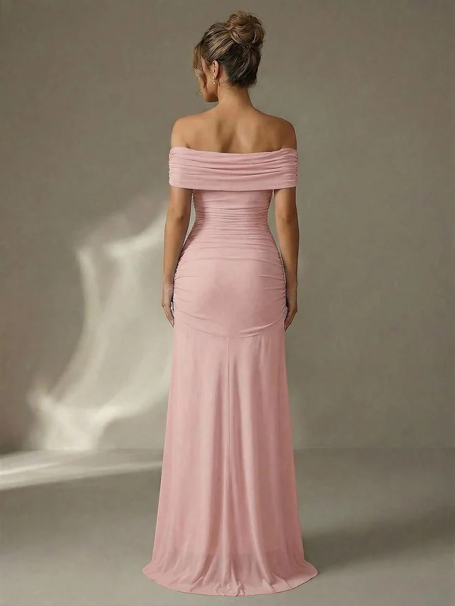 Off The Shoulder Maxi Dress Wedding Guest Dresses Pink by OYOANGLE