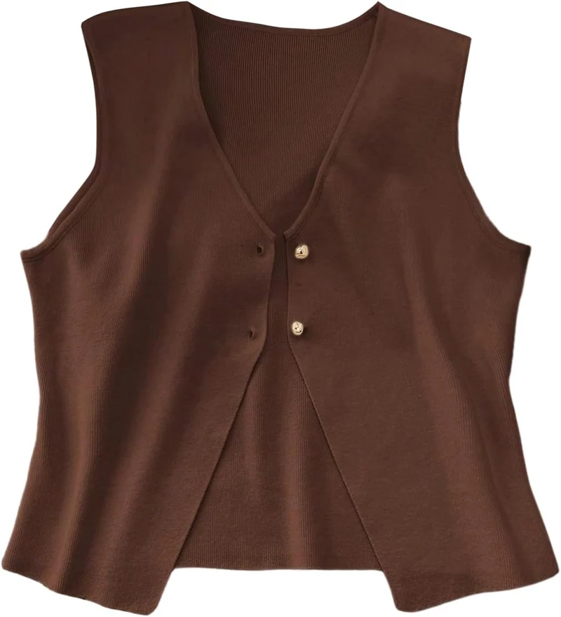 Plus Size Sweater Vest Button Up V Neck Sleeveless Sweater Tops by OYOANGLE