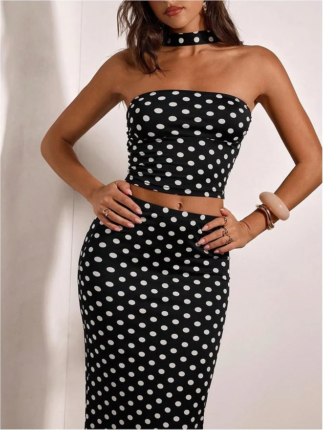 2 Piece Polka Dots Skirt Sets Cropped Halter Top Long Skirt by OYOANGLE, photograph 3 of 3