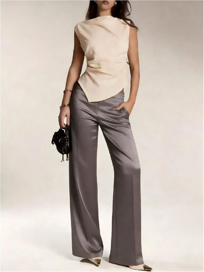 Satin Pants Elegant Straight Leg Business Casual Slacks Cocktail by OYOANGLE, photograph 2 of 3