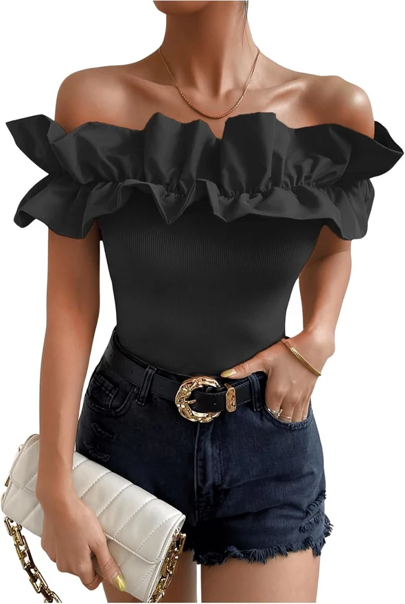 Ruffle Trim Off Shoulder Long Sleeve Blouse Party Tops Shirt by OYOANGLE