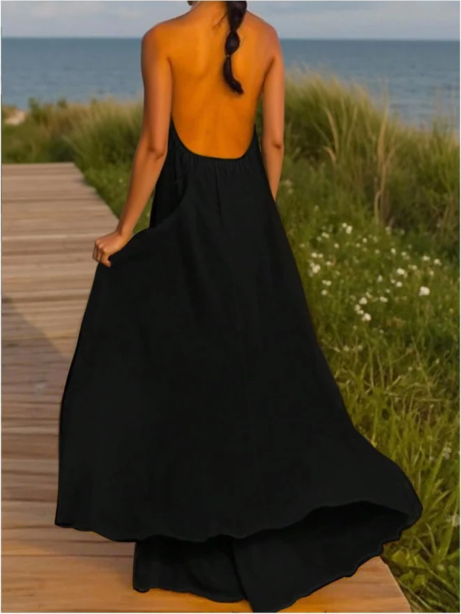 Sleeveless Chain Halter Backless Elegant Flared Maxi Dress by OYOANGLE, photograph 2 of 3