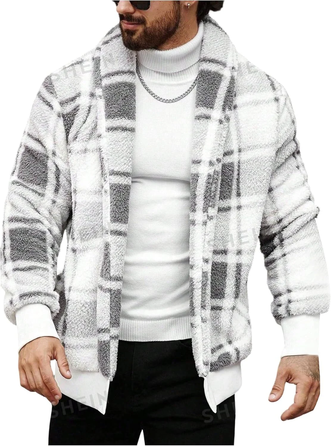 Gingham Fuzzy Fleece Jacket Open Front Thermal Sherpa Coat by OYOANGLE, photograph 1 of 4