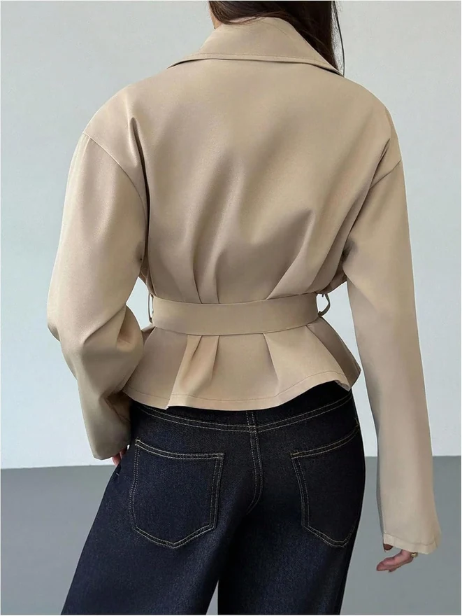 Cropped Trench Coat Double Breasted Lapel Collar Belted Short by OYOANGLE, photograph 2 of 4