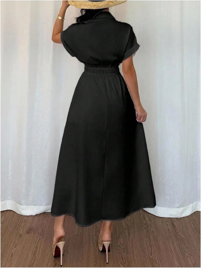 Short Sleeve Button Up Long Shirtdress Ruched Collar Business by OYOANGLE, photograph 2 of 3