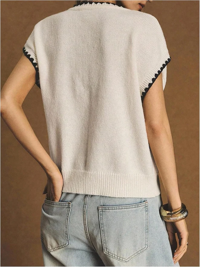 Floral Short Sleeve Sweater Top Pullover Sweater Vest by OYOANGLE, photograph 3 of 4