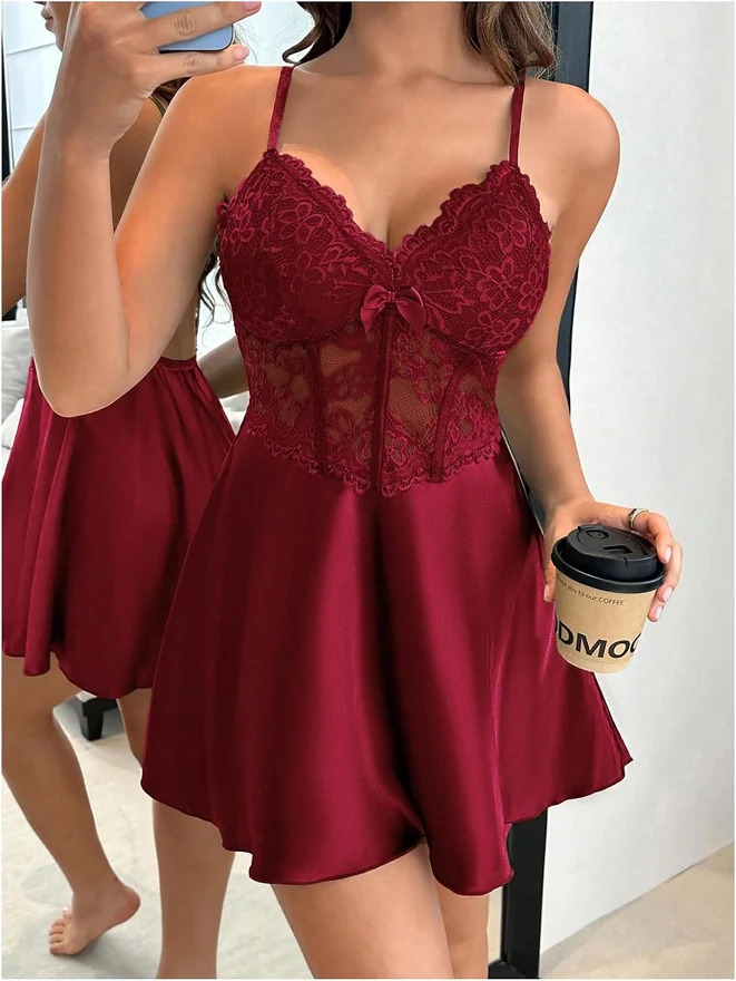 Floral Lace Satin Slip Dress Corset Mini Nightgowns by OYOANGLE, photograph 4 of 4