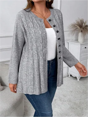 Plus Size Cable Knit Button Down Cardigan Sweater Crew Neck in Grey
