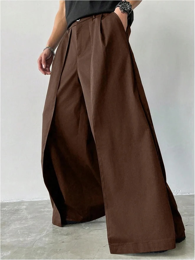 Baggy Dress Pants Wide Leg Pleated Loose Work Trousers Brown by OYOANGLE, photograph 3 of 3