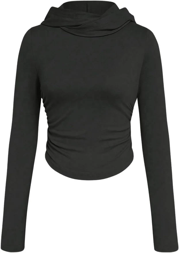 Y2 Hooded T Shirts Long Sleeve Ruched Rave Grunge Cropped Tops by OYOANGLE, photograph 2 of 3