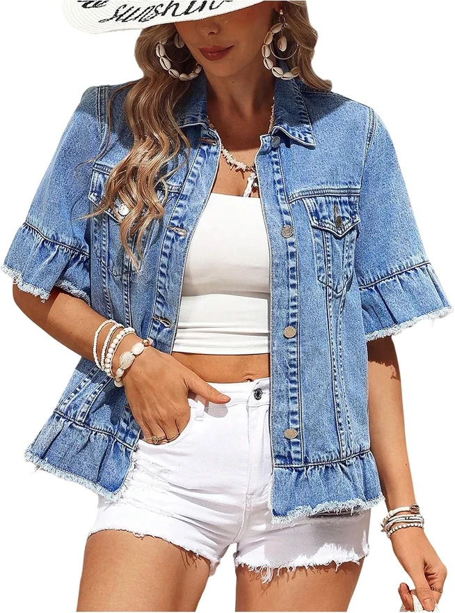 Button Down Denim Jacket Raw Trim Ruffle Half Sleeve Jean Coat by OYOANGLE