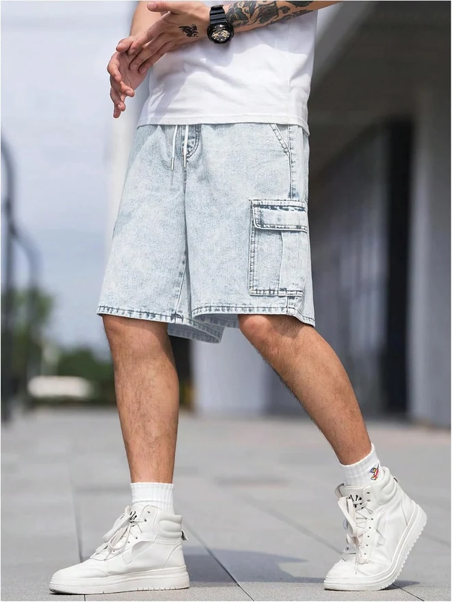 Drawstring Waist Cargo Jean Denim Shorts with Flap Pockets by OYOANGLE, photograph 3 of 4