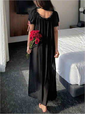 Off The Shoulder Sheer Nightgowns Puff Sleeve Sleep Dress in Black
