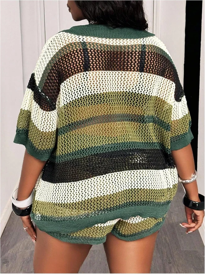 Plus Size Crochet Shorts Set Colorblock Striped Outfits by OYOANGLE, photograph 2 of 4