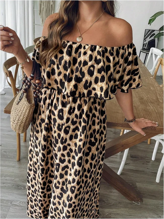 Plus Size Leopard Print Off the Shoulder Maxi Dress Short Sleeve by OYOANGLE, photograph 3 of 3