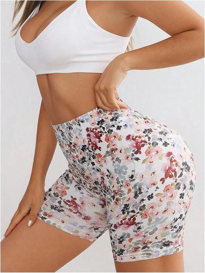 Floral High Waisted Workout Shorts Tummy Control Running Yoga by OYOANGLE, photograph 2 of 3